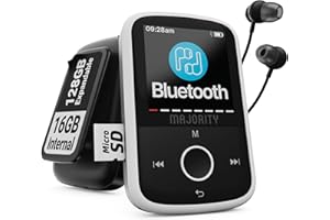 Reproductor MP3 Bluetooth con Clip Deportivo | Auriculares con Cable iIcluidos | Memoria Interna de 16 GB, Ampliable hasta 128 GB | Batería con 34 Horas de Duración | SD y USB-C | MAJORITY MP3 GO