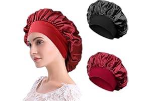 AliLeader Silk Bonnet for Sleeping, 2Pcs Soft Silk Hair Wrap for Sleeping, Colorful Satin Bonnet Sleep Cap for Curly Hair, Hair Bonnet for Sleeping, Bonnets for Black Hair (Black+Wine)