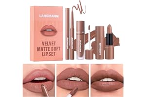 HOPHAT 3PCS Matte Liquid Lipstick Lip Gloss & Liner Set - All-IN-One Lip Kit, Velvety Nude Color, Waterproof Make Up Set (# 03)