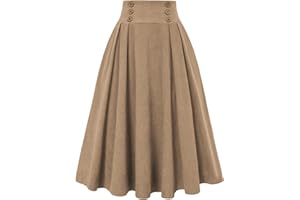 Belle Poque Damen Cordrock Vintage hohe Taille A-Linie Swing Midi-Rock mit Taschen & Knöpfe