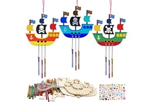WEDNOK 10 STK Piratenschiffe Windspiel Bastelset Kinder Piraten Basteln Holz Piratenschiff Bastelset Schiff Klangspiel Bastelhandwerk zum Bemalen für Mädchen Junge Geburtstag