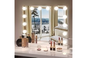 Moziel 50x42cm Specchio da Trucco con Luci, Hollywood da Tavolo o da Parete con Lampadine a 14 Led Tre Colori di Luce e Funzione di Luminosità Regolabile