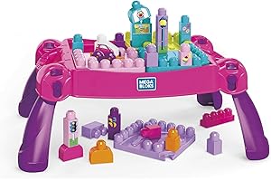MEGA Bloks La Table d'apprentissage Rose avec Blocs de Construction et 2 véhicules, 30 pièces, Jouet pour bébé et Enfant de 1 à 5 Ans, FFG22