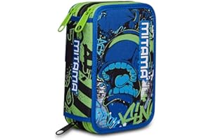 Mitama Estuche Escolar 3 Compartimientos – TRIPLO CITY BRO MITAMA, Azul - con Material Incluido: Lápices, Bolígrafos y Marcadores – Gran Capacidad para Niños y Adolescentes