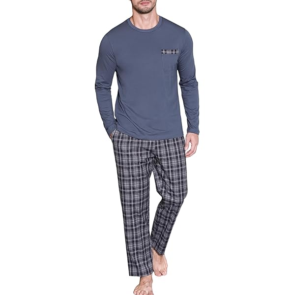 Herren Schlafanzug Set 2-teilig | Langarm Pyjama Mit Farbdesign