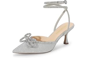 DREAM PAIRS Kitten Heels Rhinestone Bow Ankle Strap Stiletto Pointed Closed Toe Heels for Women Pumps Wedding Bridal Party Dress Shoes