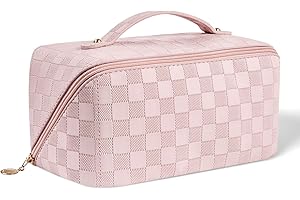 Aucuu Podróżna kosmetyczka, ze skóry PU, przenośna, podróżna torba na kosmetyki o dużej pojemności, wodoszczelna, przenośna kosmetyczka, organizer na przybory toaletowe, #18 różowa szachownica, L