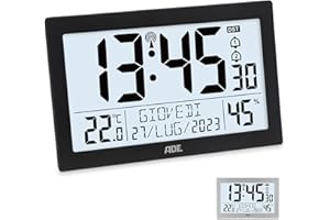 ADE Orologio digitale da tavolo o parete radiocontrollato | display XL | sveglia da comodino grande moderna | grandi numeri | con termometro e igrometro | perfetto per la cucina | nero