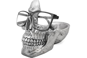 VIPbuy Skull Glasses Holder Stand, Novelty Eyeglass Holder Rack with Storage Tray for Nightstand, Resin Skull Head Statue Sculpture Home Office Desk Decor Gift (Silver)