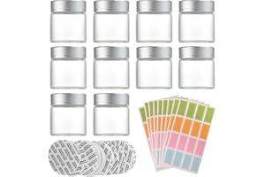 ZIMOER 12 Pezzi Mini Barattoli di Vetro 50 ml con Coperchio ed Etichette, Contenitori Trasparenti per Lozione, Crema, Unguenti, Erbe, Spezie