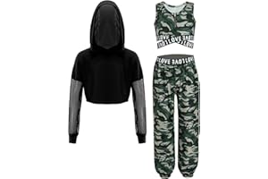 Linjinx 3Pcs Enfant Fille Costume Danse Moderne Hip-hop Tenue Danse Jazz Sweat à Capuche Court et Débardeur et Pantalon Vêtements de Danse de Rue Streetwear 5-14 ans