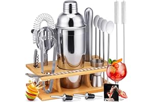 MUOIVG 14 Pièces Shaker à Cocktail kit,750ml Acier Inoxydable Cocktail Shaker Professionnel avec Accessoires, Support en Bois,Cadeau de Noel