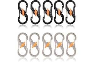 XIANSINI 10 Pcs Mini S Carabiner Clips,Stainless Steel Locking Carabiner Hooks,S Clips,S Biners,S Shape Keychain Clips for Keys, Bags, DIY, Travel, Hiking & Camping(5 Black + 5 Silver)