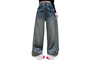 Panegy Jeans Strappati per Ragazze Vita Alta Elastica Baggy Casual Gamba Larga Denim Jeans Moda Lavato Pantaloni con Tasche Stretchy Vintage Pants età 5-15 Anni