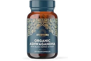 Ayurvediq Wellness, 120 caps Ashwagandha Organic Capsules with Black Pepper Extract, Ayurveda Products, Herbal Supplements, Vitamins, Iron & Protein, Gluten Free, Dairy Free, Vegan