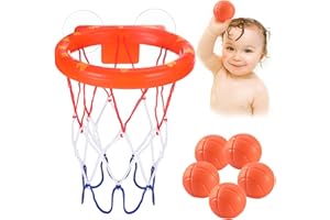 LUXFIZZ Giocattolo da bagno per neonati : 5 palline senza fori+canestro da basket con ventosa forte.Giocattoli da bagno per ragazzi o ragazze dai 3-6 anni.Set di giocattoli per soggiorno,bagno,camera da letto