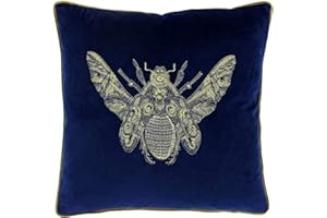 Paoletti Riva Cerana Cojín Azul Real Super Suave Terciopelo De La Tela Bordada Diseño De La Abeja De Oro Hilo Bordes 100% Poliéster 50 X 50Cm (20" X 20" Pulgadas), 50x50cm