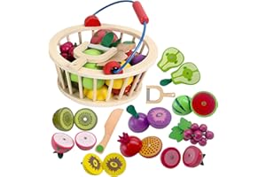 Smartwo Wooden Fruit Cutting Toy, Pretend Play Food Sets for Children Kitchen Grocery Store, Wooden Toy Kitchen Accessories, Toddlers Fruit and Veg Toys, Gift For Boys Girls 3+ Years old
