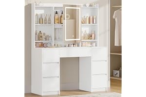 Hzuaneri Sminkbord med Belysning, Sminkbord med Stor LED-spegel, Justerbar Ljusstyrka, med 7 Lådor, 4 Hyllor för Sovrum, Förv