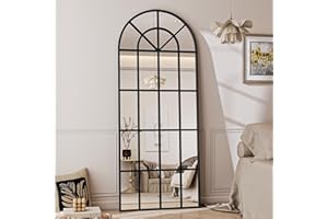 Koonmi 60 x 164 cm, specchio per finestra curvo, per tutto il corpo, decorativo, design a griglia, con cornice in metallo, inclinato per ingresso, soggiorno, colore nero