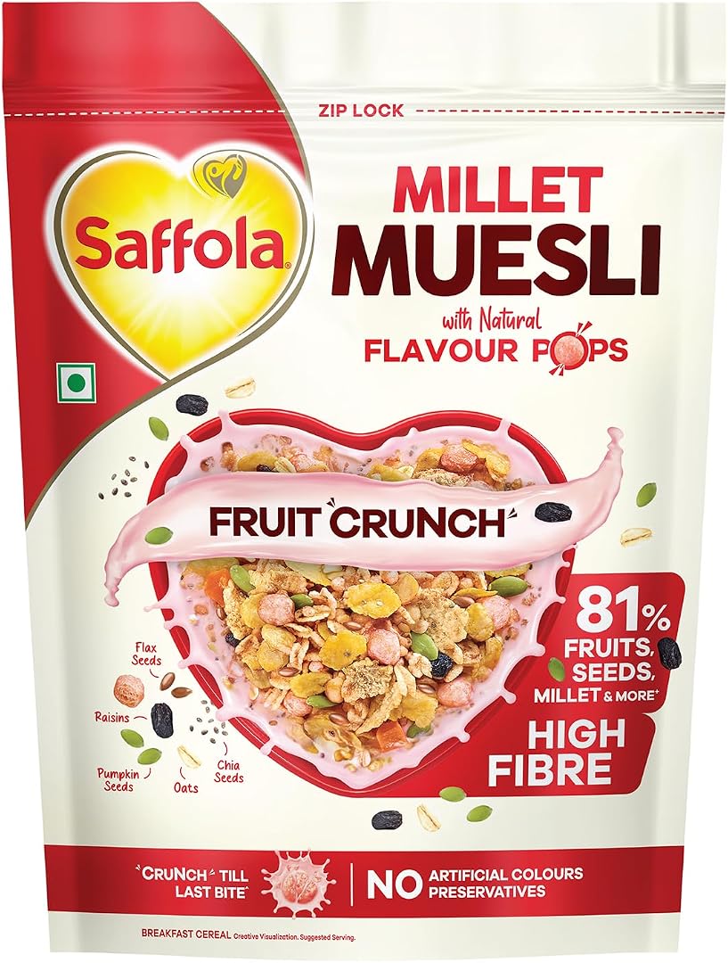 Saffola Millet Muesli with Crunchy Flavour Pops & High Fibre | 650g | Fruit Crunch | 81% Fruits, Seeds & More | Power of Millet | Goodness of 5: Protein, Fibre, Vitamins, Iron & Jowar