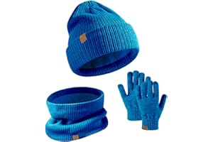 AWAVM Dziecięca czapka zimowa, szalik, zestaw rękawiczek, 3-częściowy, ciepła, termiczna czapka z dzianiny, ocieplacz na szyję, rękawiczki do ekranu dotykowego, miękka podszewka polarowa, elastyczna