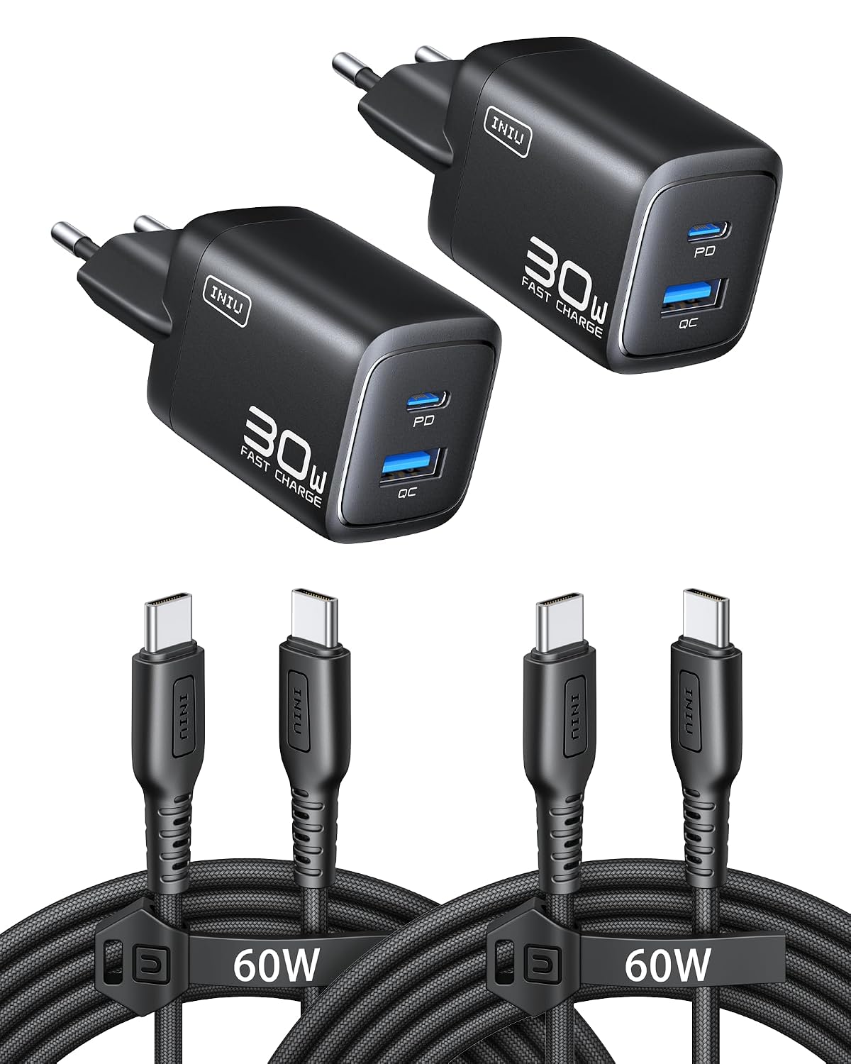 INIU 30W USB C Ladegerät, GaN Schnellladegerät mit 1,5m 60W Kabel, Dual-Port Netzteil mit intelligentem Geräteschutz für iPhone 17 16 Pro Max, iPad MacBook Air Galaxy S26 Pixel Xiaomi [2-Pack Schwarz]