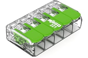 WAGO Green Range Zacisk 5-przewodowy I do 4 mm², zacisk połączeniowy, 5 przewodów z dźwigniami do wszystkich rodzajów przewodów, wtykowy, 221-423, 8 sztuk