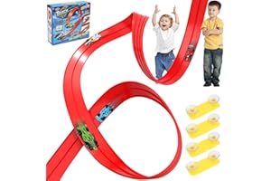 XIAPIA Car Track 4m, Flexible Toy Car Race Track Fits Hot Wheels, Diecast Cars, Flexible for Loops, Jumps, Ramps, Classic Long Roll Up Race Track with 4 Cars and 12 Suckers, Gifts for Kids Toddlers