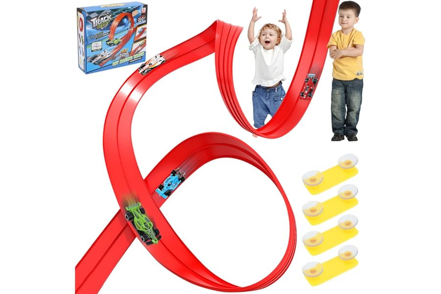 XIAPIA Car Track 4m, Flexible Toy Car Race Track Fits Hot Wheels, Diecast Cars, Flexible for Loops, Jumps, Ramps, Classic Long Roll Up Race Track with 4 Cars and 12 Suckers, Gifts for Kids Toddlers