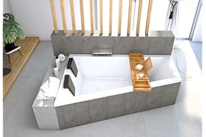‎ECOLAM ECOLAM® Intima Duo Trapezoidal Bathtub for Two 180 x 125 cm Left + Polystyrene Cover for Tiling + Bamboo Shelf + 2 x Headrest Drain and Overflow Automatic Feet Silicone