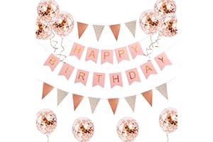 ELCM Happy birthday bunting banner balloons – 14 pieces happy birthday decoration pack include a set of rose gold birthday bunting birthday banner 2 ribbons and 10 confetti latex balloons