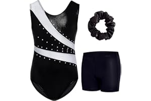 Gogokids Girls Three-Piece Gymnastics Set with Shorts, Kids Gymnastics Sleeveless Leotard with Gem Stones, Girls' Sparkling Gymnastics Outfit with Color Block Design Athletic Dancewear for Ages 3-12