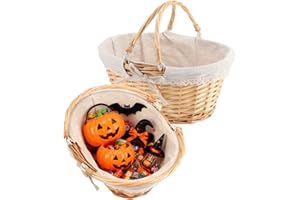 ZOENHOU Lot de 2 Panier de Pique Nique en Osier avec Poignées Pliantes, Panier en Saule Tissé à la Main pour Pâques, Bonbons, Rangement de Jouets de Bain