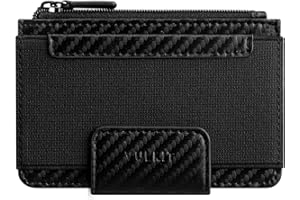 VULKIT Męski portfel na karty kredytowe, wąski, skórzany portfel z blokadą RFID, minimalistyczny portfel na karty z okienkiem na dowód osobisty, zapinana na zamek kieszeń na monety i magnetyczne