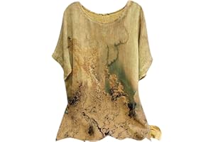 MICKURY Los Angeles Pullover,Sommer Oberteile FüR Damen LäSsige Lockere Baumwoll Leinen Bluse Mit Rundhalsausschnitt Stilvoller Batikdruck Aufgerollte äRmel Bequemes T Shirt