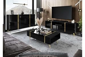 lukmebel Onyx Wohnzimmerset Auf Goldenen Beinen DREI Elemente Elegantes Und Modernes Design Leicht Zu Reinigen Abrieb- Und Kratzfest Laminierte Platte Schwarz