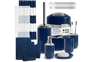 Clara Clark Bathroom Set - Navy Bathroom Accessories Set, Bathroom Sets with Shower Curtain and Rugs, 23PC Shower Curtain Set with Liner, Soap Dispenser, Soap Dish, Toilet Brush Holder, and Trash Can