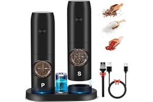 Lycasia Electric Salt and Pepper Grinder Set,USB Rechargeable Salt and Pepper Grinder Set with Base,5 Levels Coarseness Adjustable Pepper Grinder with LED Light,Automatic Grinder for Kitchen