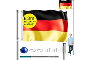 MONZANA® Aluminium Teleskop Fahnenmast 6,30m Bodenhülse 60cm inkl. Deutschland Flagge Deutschlandfahne Fahne Flaggenmast Mast Alu
