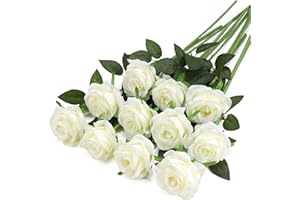 Tifuly White Fake Roses Artificial Flowers - 10 Pcs Fake Artificial White Roses Silk Flowers with Stems for Home Wedding Hotel Office Centerpiece Decor