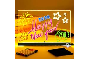 POFIBO LED Zeichentafel UPGRADE mit Ein/Aus-Schalter, Super Leicht zu Reinigen & Upgradierter Ständer - Transparente Acryl Maltafel mit 7 Neon-Stiften, 30x20cm, Kreatives Geschenk für Kinder