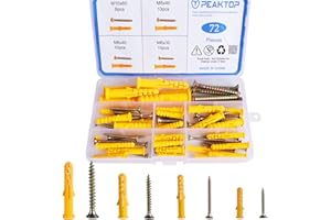 PEAKTOP Zestaw 72 kołki rozporowe M6 M8 M10, uniwersalne kołki rozporowe, śruby napędowe do cegły i betonu, wkręty samogwintujące do drewna, z łbem stożkowym