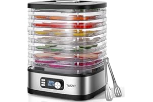 YASHE Essiccatore Alimentare 8 Vassoi, Tempo e Temperatura Regolabili 72H, Include Griglie a Rete, Vassoio per Rotoli di Frutta e Pinza Inox per Jerky, Frutta, Carne, Verdure, Erbe, Senza BPA
