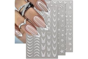 JALIYA 3D Glitter Silber French Nail Sticker,8 Blätter Schmetterling Nagelsticker Selbstklebend Stern Nagelaufkleber Herz Nagel Stickers French Nails Wellen Linien Nail Art Stickers Nagelfolie Nageldesign