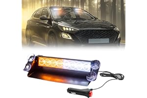Biqiure Emergency Strobe Light Yellow White,12V LED Windshield Warning Dash Light 8LED 4 Flash Modes Dash Emergency Beacon Warning Lights with Suction Cups for Car Truck Vehicles