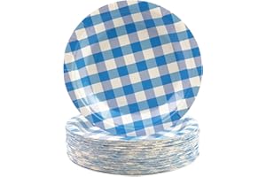 HFBOBP 50Pcs Gingham Paper Plates, 7 inch Blue Checked Dessert Cake Plates Plaid Disposable Tableware Party Supplies for Picnic, Camping, Family Gathering, Baby Shower, Birthday, Bachelor Party