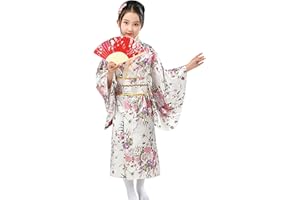 Bastwahl Kimono Enfant Deguisement Japonaise Fille Robe Japonaise pour la Fête et le Spectacle,Satin Cosplay Anime avec Eventail Pliant 0