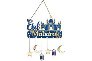 JOLLYBOOM Eid Ramadan Mubarak Decorations, Wooden Eid Hanging Signs Wall Door Pendant Ornaments Hanging Plaque Crafts Crescent Moon Mosque Home Window Decor for Eid Celebration Party Supplies