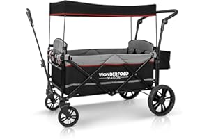 WONDERFOLD X2 2 Passenger Push Pull Twin Double Stroller Wagon with Adjustable Handle Bar, Removable Canopy, Safety Seats with 5-Point Harness (Black)